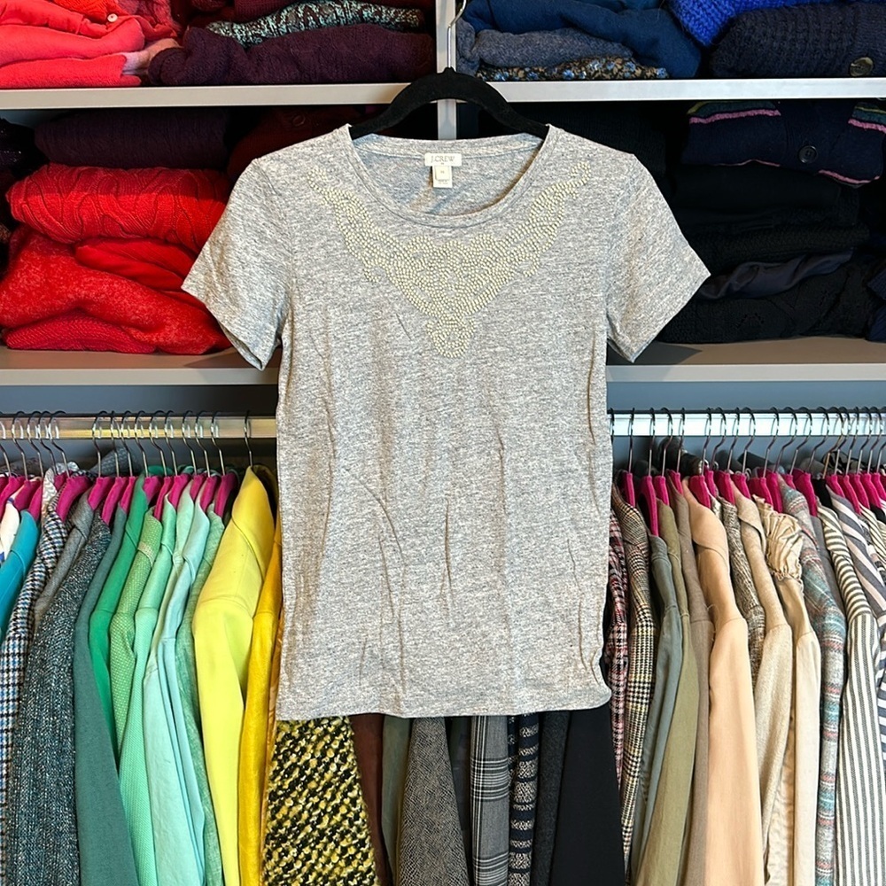 J Crew gray with bead detail short sleeve scoop neck top size XS